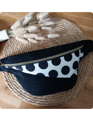 Sac banane velours et pois noir et blanc