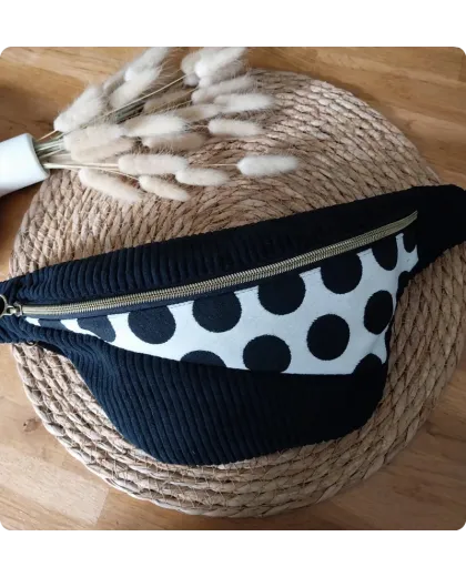 Sac banane velours et pois noir et blanc