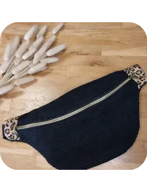 Sac banane velours noir et léopard