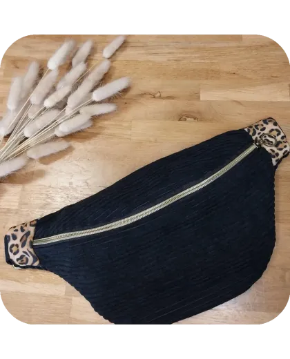 Sac banane velours noir et léopard
